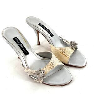 Beverly Feldman Jewel Mule Heels 6 Silver Gem Bridal Wedding White Silver Cream